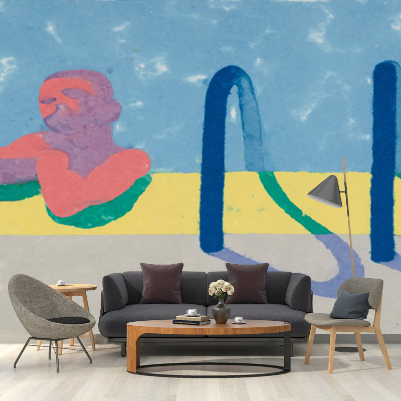 Gregory in the Pool Mural Decal Red-Yellow-Blue Pop Art Wall Covering for Bedroom