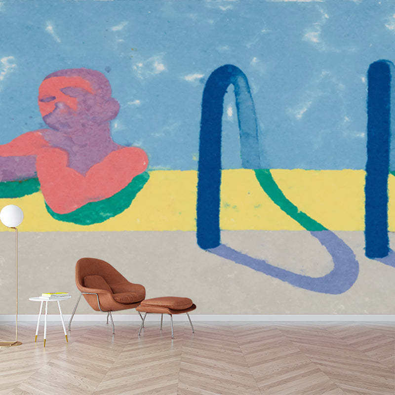 Gregory in the Pool Mural Decal Red-Yellow-Blue Pop Art Wall Covering for Bedroom