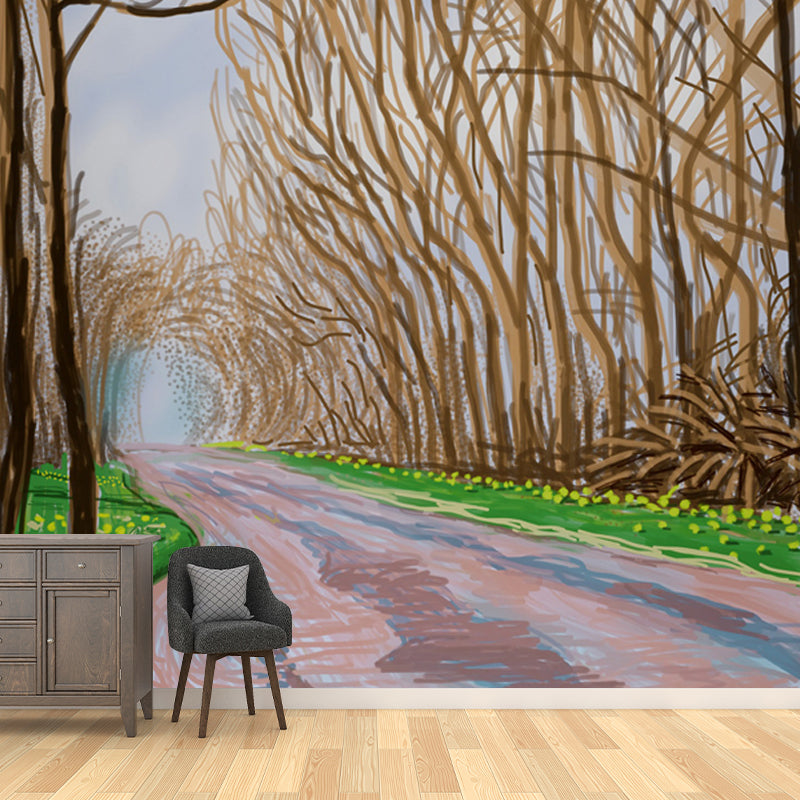 Brown Roadside Leafless Trees Mural Waterproof Artistic Living Room Wall Decoration