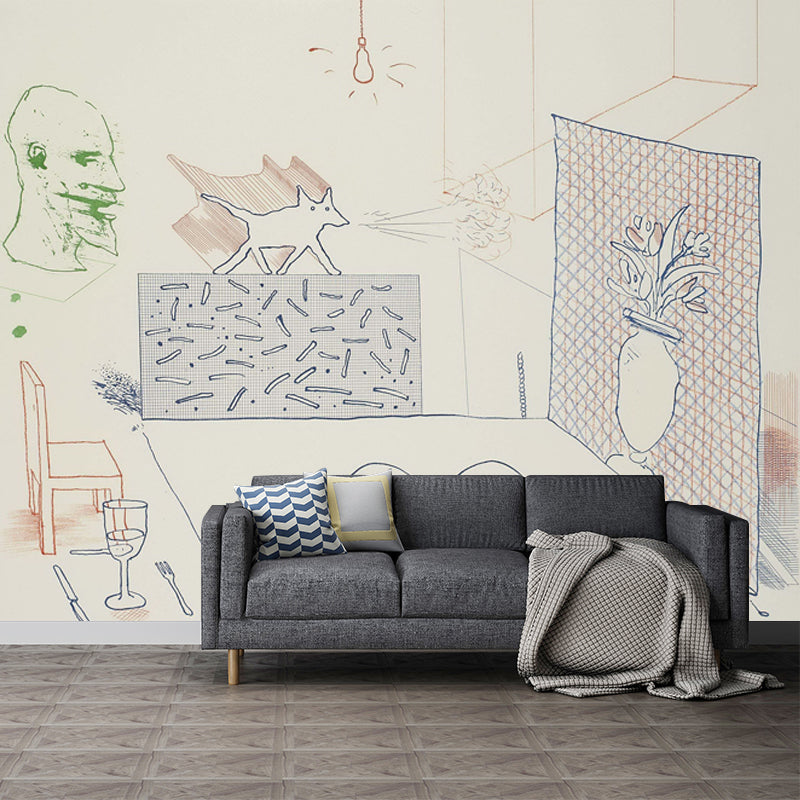 Large Sketch Wall Murals for Bedroom Hockney Artwork Wall Covering in Red-Blue-Green, Washable