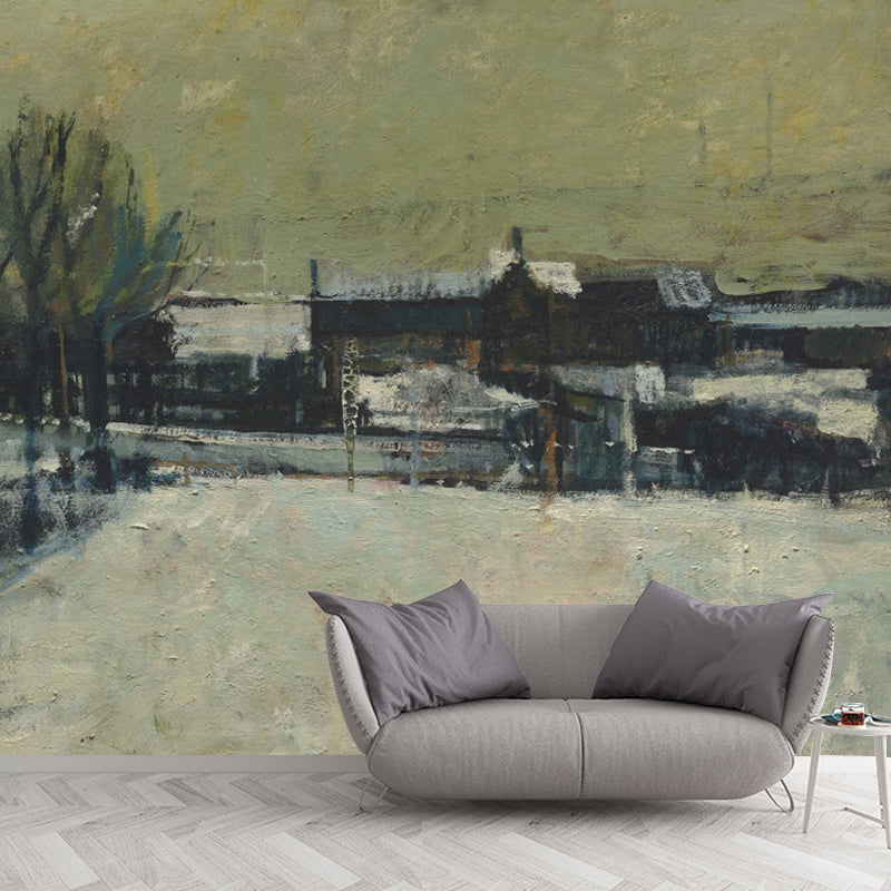 Artistry Oil Painting Village Murals in Grey-Green Stain Resistant Wall Decor for Bedroom