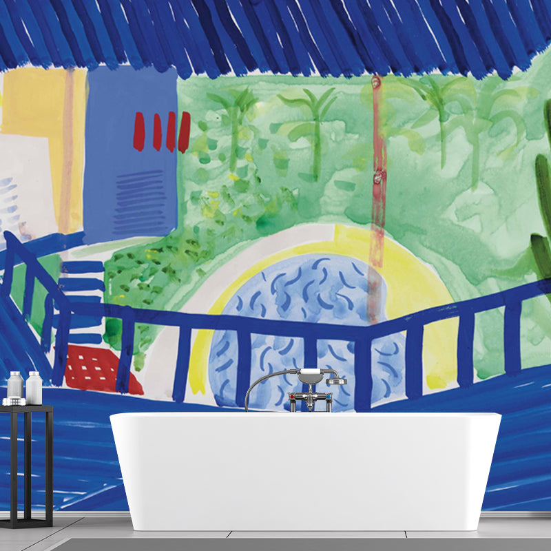Blue-Green Artistic Mural Decal Full Size Stairs by the Pool Side Painting Wall Covering for Home