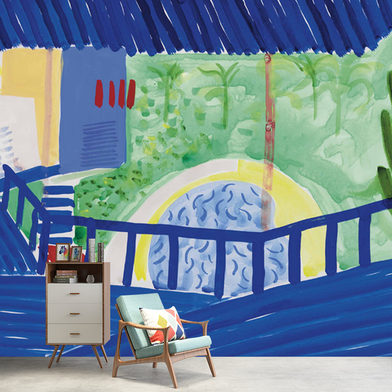 Blue-Green Artistic Mural Decal Full Size Stairs by the Pool Side Painting Wall Covering for Home