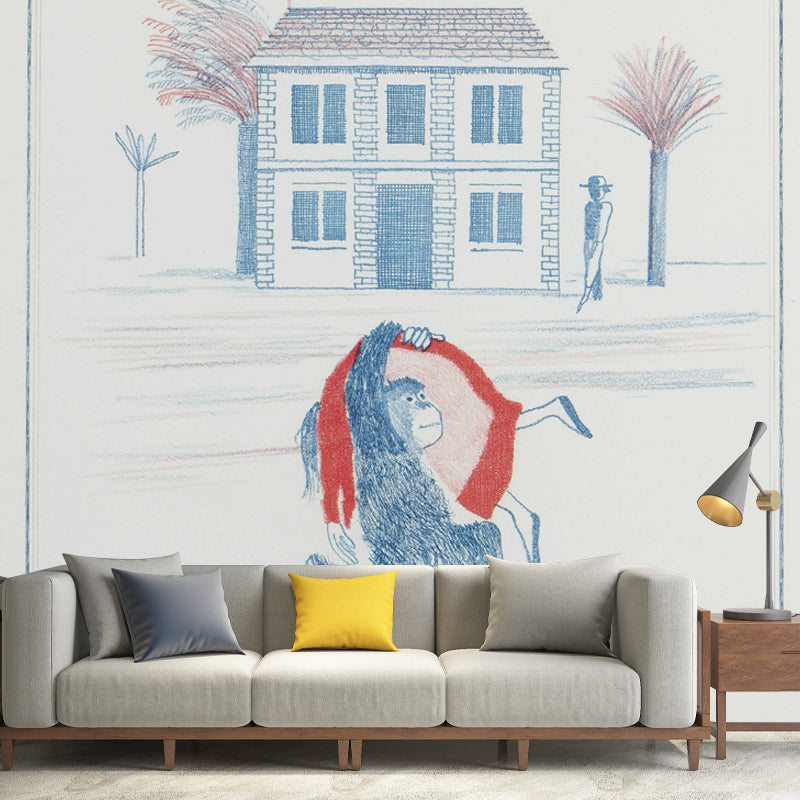 Monkey in House Front Murals Red and Blue Artistry Wall Decoration for Living Room