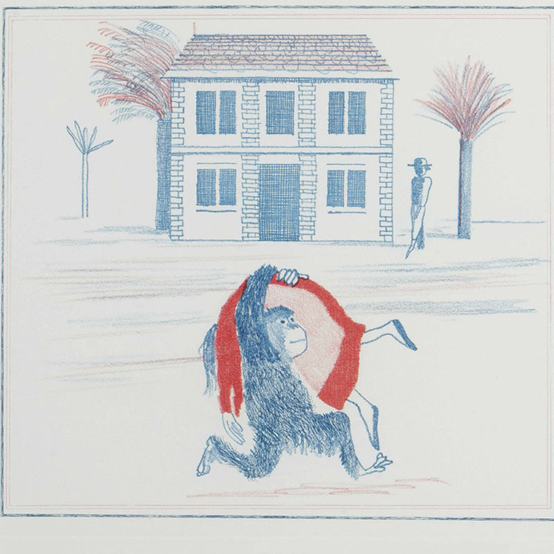 Monkey in House Front Murals Red and Blue Artistry Wall Decoration for Living Room
