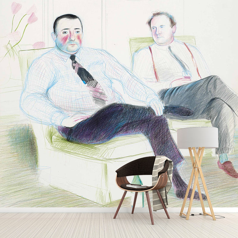 Grey-Green Gentlemen Mural Wallpaper Figure Painting Artistry Waterproof Wall Covering