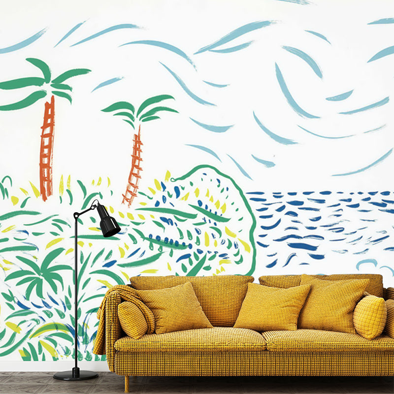 Art Tropical Landscape Wall Mural Decal in Blue Scenery Painting Wall Covering for Home