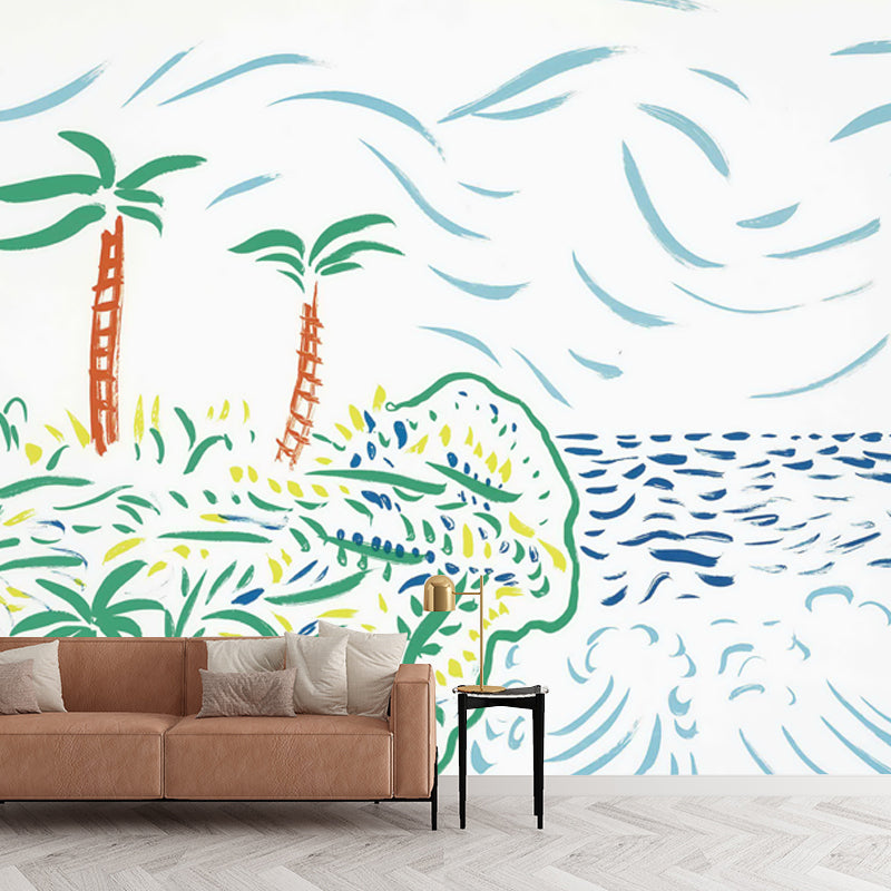 Art Tropical Landscape Wall Mural Decal in Blue Scenery Painting Wall Covering for Home