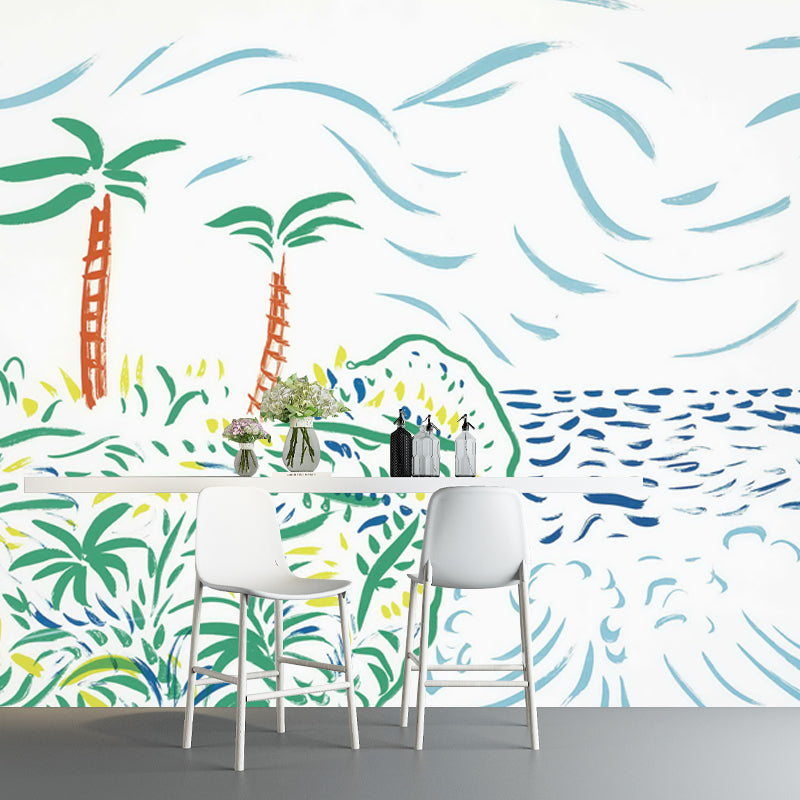 Art Tropical Landscape Wall Mural Decal in Blue Scenery Painting Wall Covering for Home