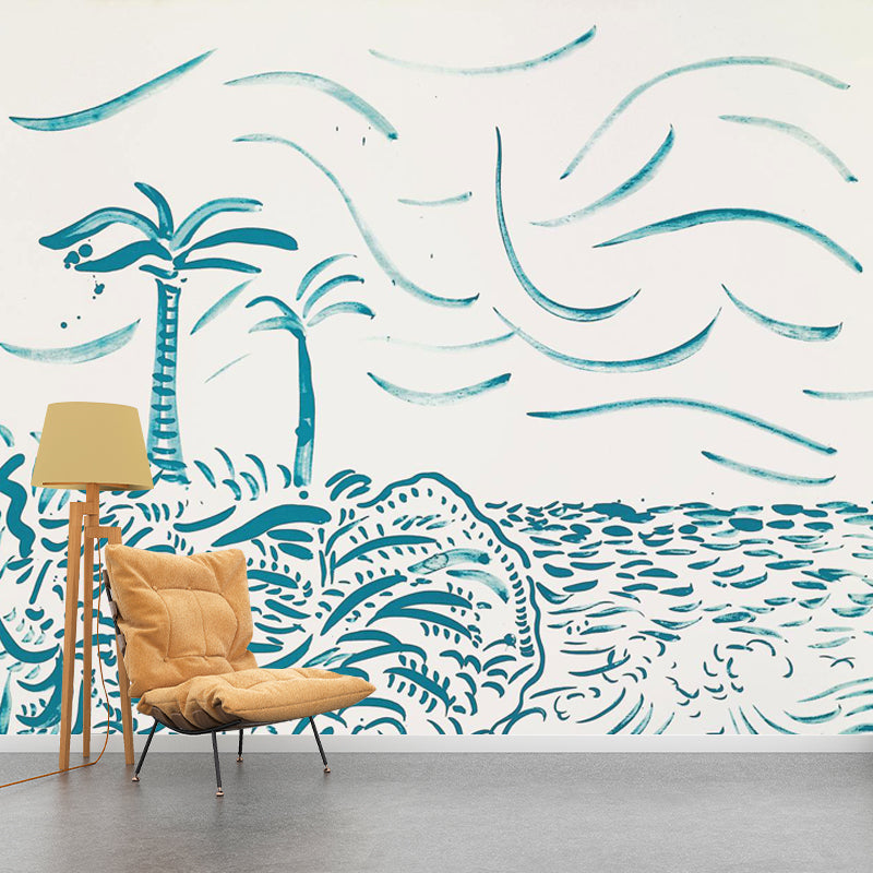Art Tropical Landscape Wall Mural Decal in Blue Scenery Painting Wall Covering for Home