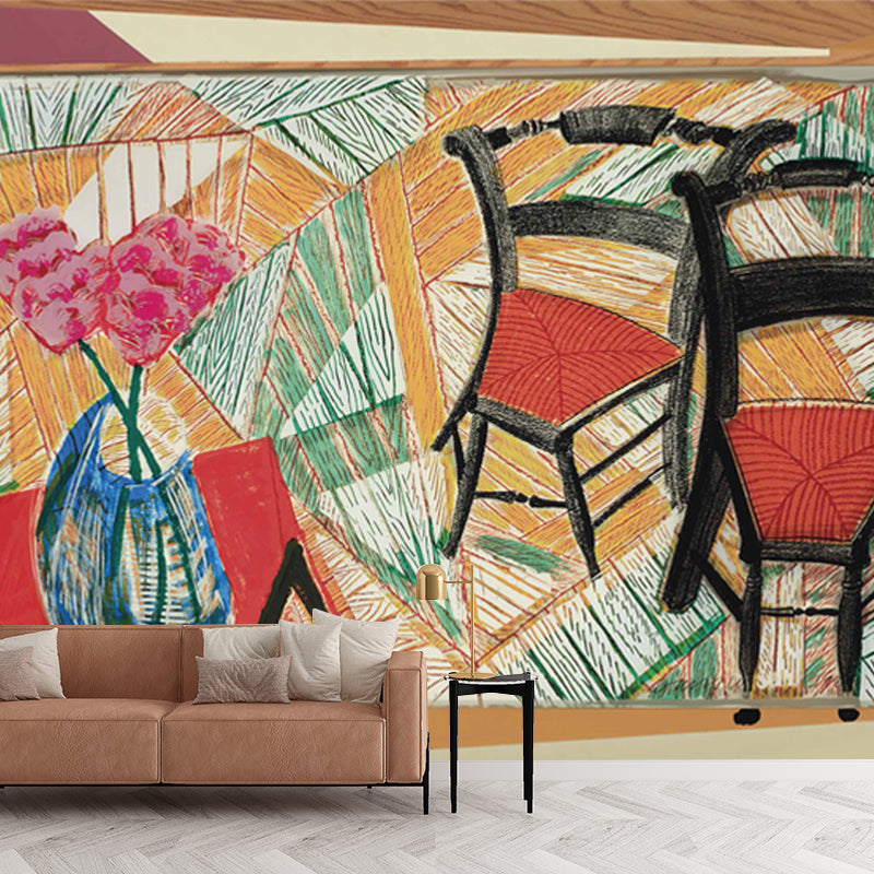 Art Flower and Chairs Mural Red-Yellow-Green Still Life Wall Decoration for Living Room