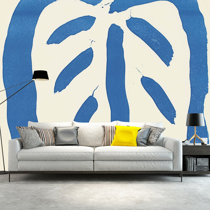 Art Deco Leaf Murals in Blue-White Stain Resistant Wall Covering for Living Room