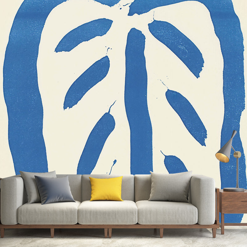 Art Deco Leaf Murals in Blue-White Stain Resistant Wall Covering for Living Room