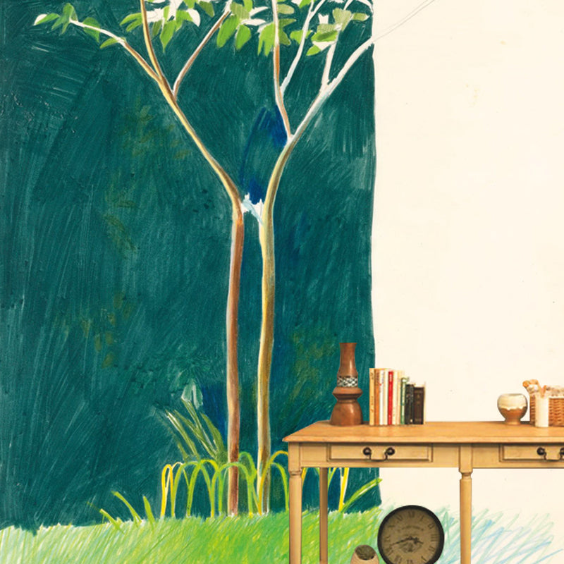 Blue-Green Small Tree Murals Wallpaper Waterproofing Wall Covering on Yellow for Bedroom