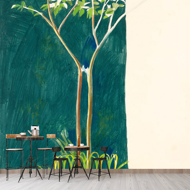 Blue-Green Small Tree Murals Wallpaper Waterproofing Wall Covering on Yellow for Bedroom