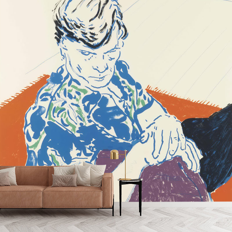 Man in Hawaiian Shirt Mural Orange and Blue Pop Art Wall Decoration for Living Room