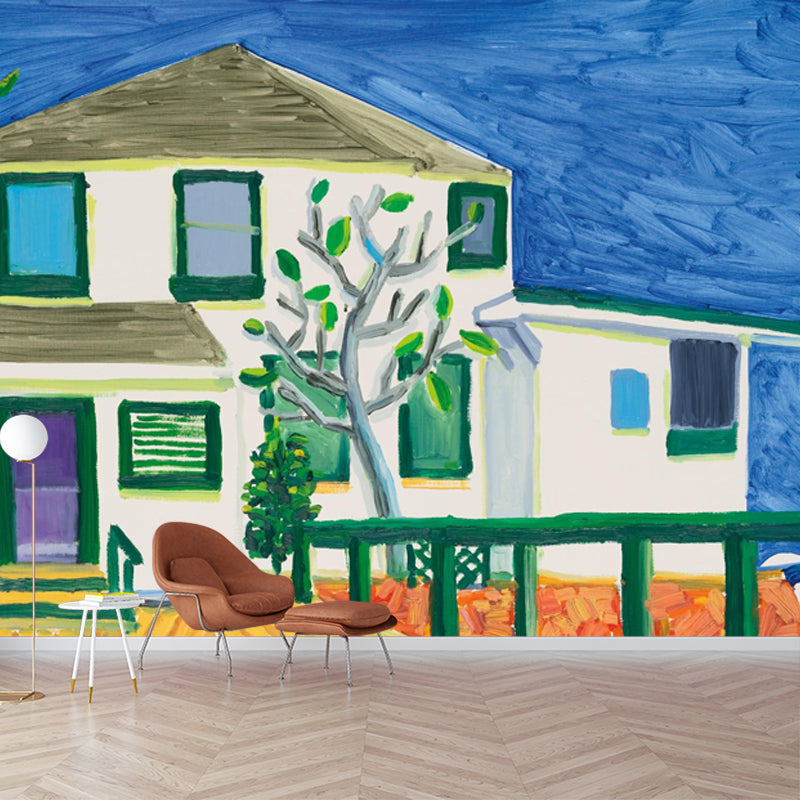 Large Storey House Wallpaper Murals Blue-White Non-Woven Wall Art, Moisture Resistant, Custom Size