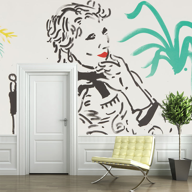 Yellow-Green Pop Art Mural Full-Size Woman Sitting in A Chair Wall Decor for Bedroom