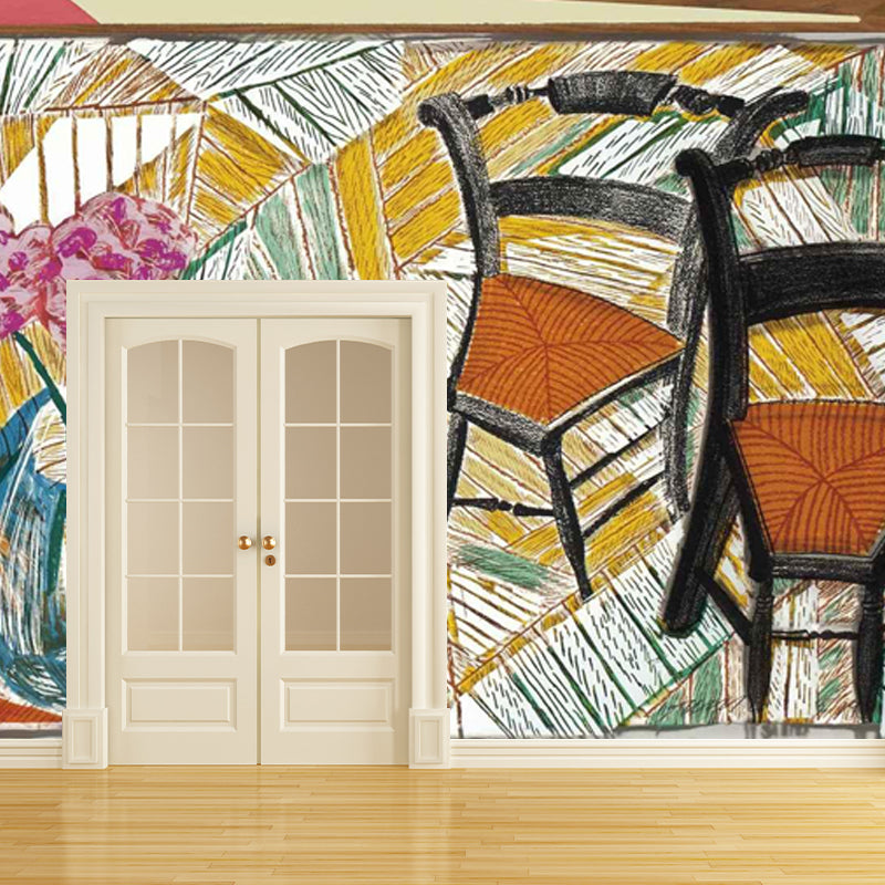 Flower and Two Chairs Murals in Orange-Yellow Art Deco Wall Covering for Living Room