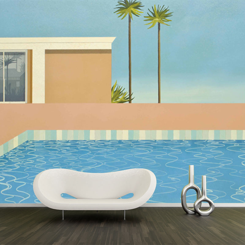 Pop Art Swimming Pool Murals for Living Room Custom Size Wall Decor in Blue-Brown