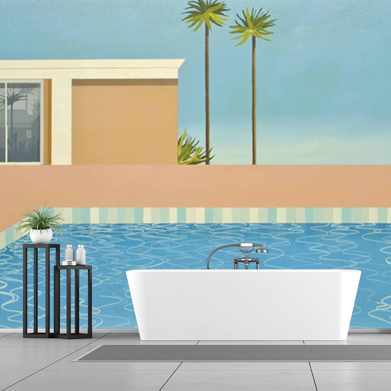 Pop Art Swimming Pool Murals for Living Room Custom Size Wall Decor in Blue-Brown