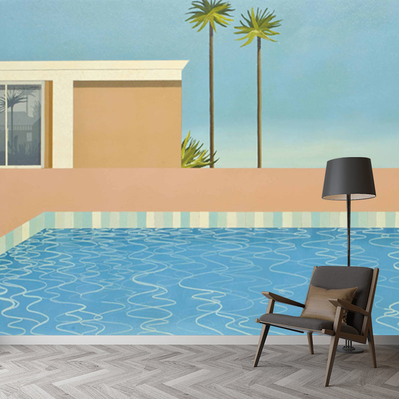 Pop Art Swimming Pool Murals for Living Room Custom Size Wall Decor in Blue-Brown