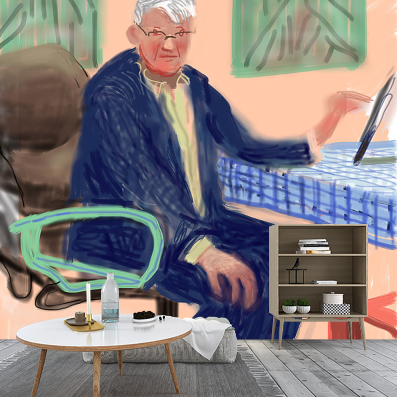 Hockney Self-Portrait Mural Art Deco Stain Proof Hallway Wall Covering, Custom Printed