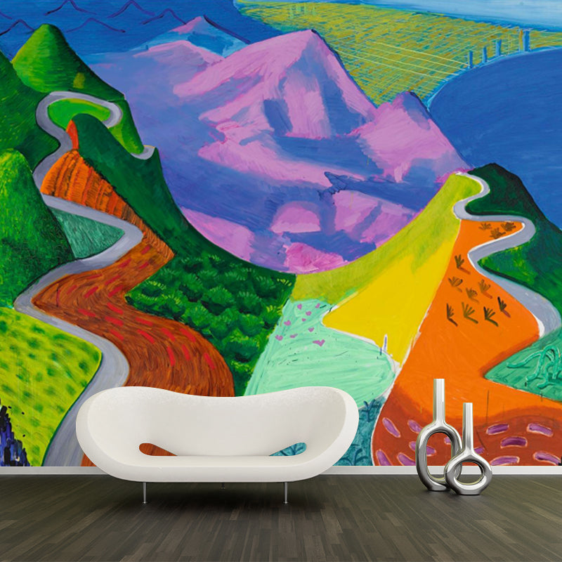 Modern Mountain Landscape Murals in Rose Red-Blue-Green Moisture Resistant Wall Art for Bedroom