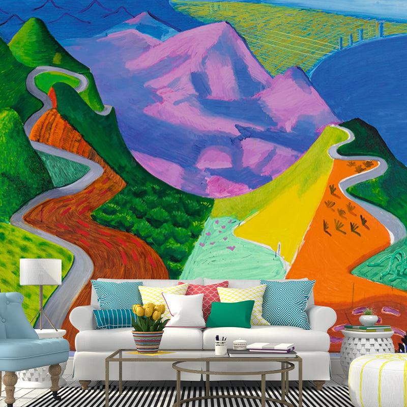 Modern Mountain Landscape Murals in Rose Red-Blue-Green Moisture Resistant Wall Art for Bedroom
