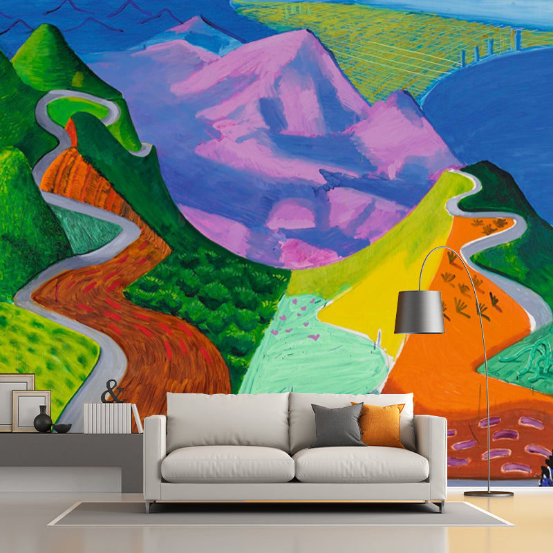 Modern Mountain Landscape Murals in Rose Red-Blue-Green Moisture Resistant Wall Art for Bedroom