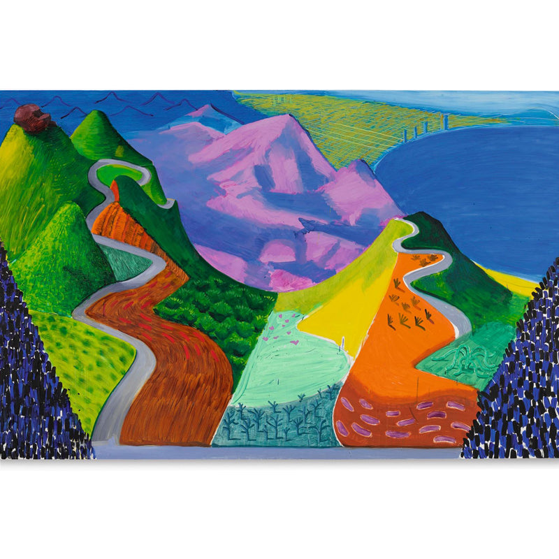 Modern Mountain Landscape Murals in Rose Red-Blue-Green Moisture Resistant Wall Art for Bedroom