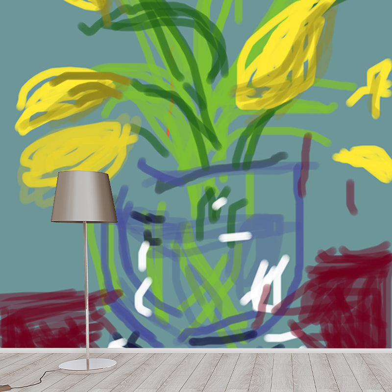 Large Still Life Flower Mural in Yellow-Green Non-Woven Wall Decor, Washable, Made to Measure