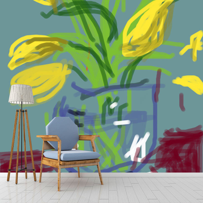 Large Still Life Flower Mural in Yellow-Green Non-Woven Wall Decor, Washable, Made to Measure