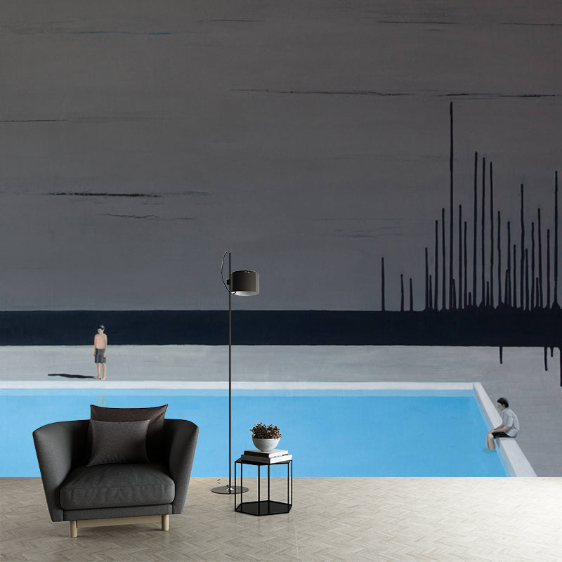 Full-Size Art Deco Mural Wallpaper Grey-Blue Swimming Pool Wall Covering, Custom Size