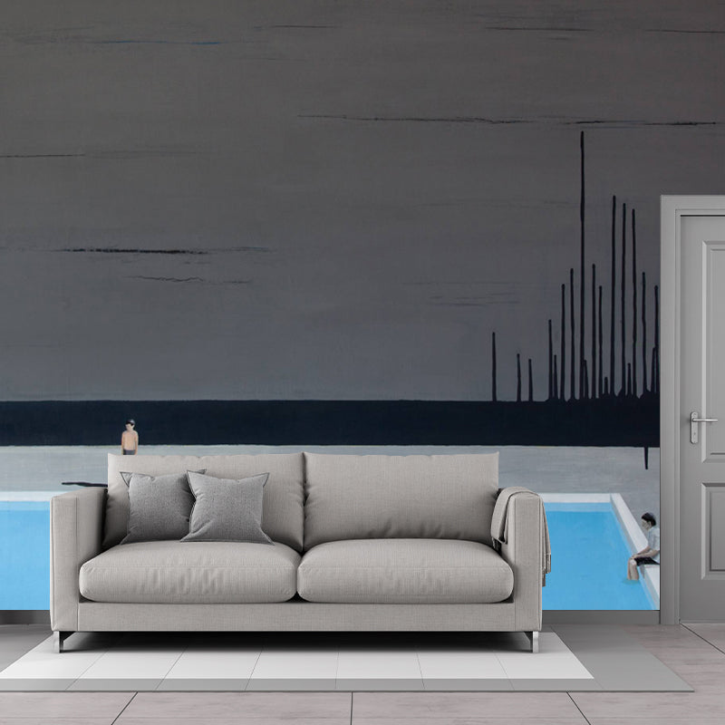 Full-Size Art Deco Mural Wallpaper Grey-Blue Swimming Pool Wall Covering, Custom Size