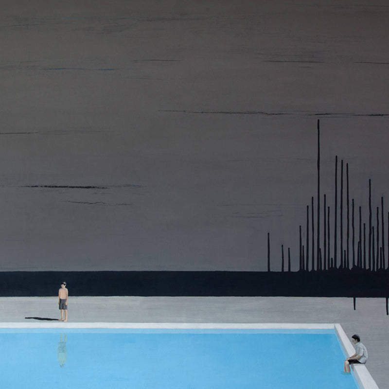 Full-Size Art Deco Mural Wallpaper Grey-Blue Swimming Pool Wall Covering, Custom Size