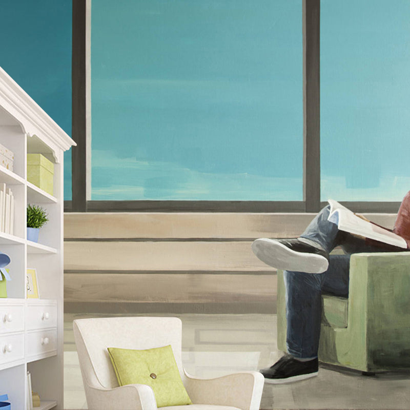 Artistic Reading Book Wall Mural Non-Woven Stain Resistant Blue-Brown Wall Covering for Home