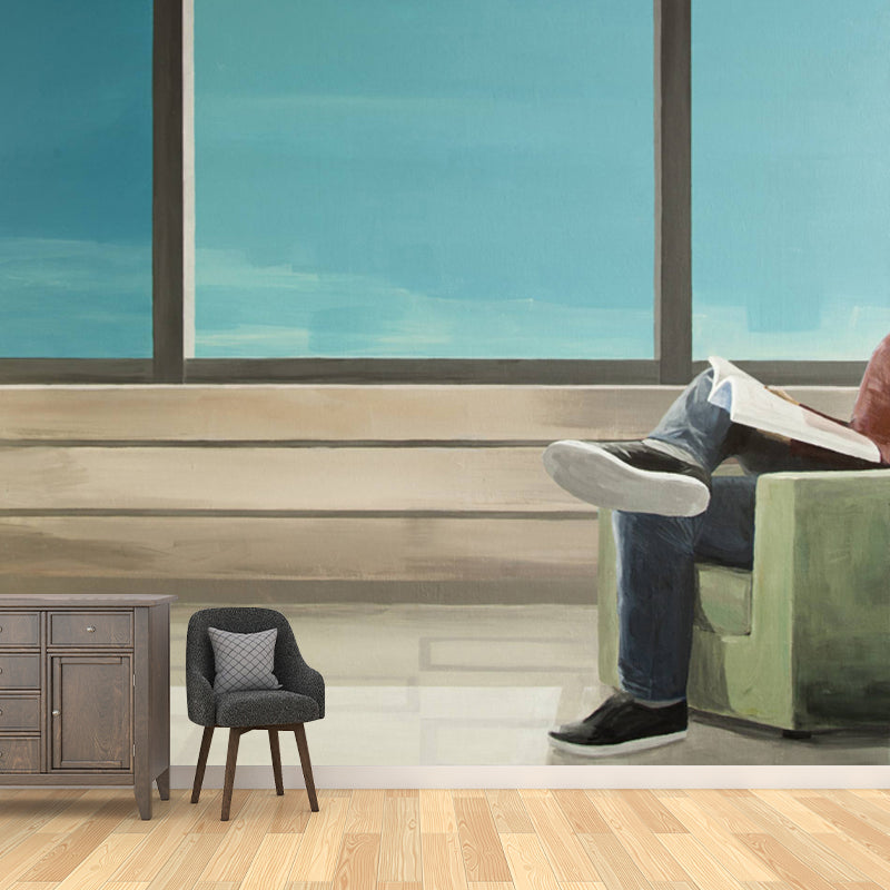 Artistic Reading Book Wall Mural Non-Woven Stain Resistant Blue-Brown Wall Covering for Home