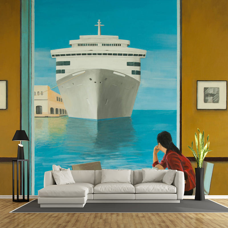 Non-Woven Big Blue-Brown Murals Artistic Transatlantic Liner Painting Wall Art for Bedroom