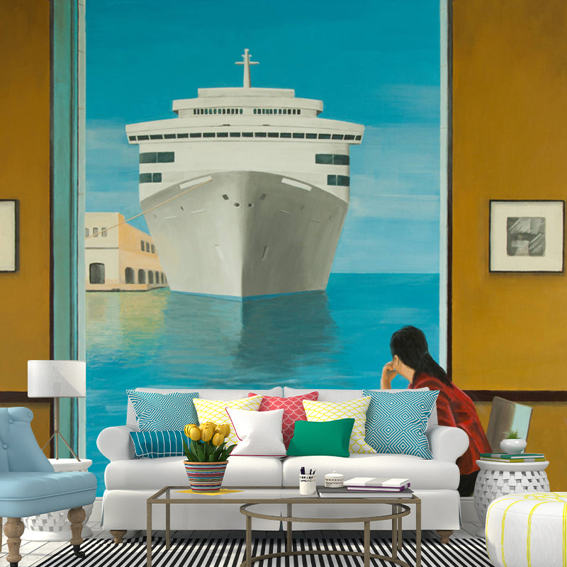 Non-Woven Big Blue-Brown Murals Artistic Transatlantic Liner Painting Wall Art for Bedroom
