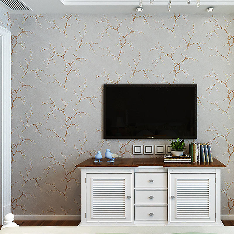 Plum Flower Wallpaper Roll Country Style Non-Woven Cloth Wall Decor in Light Color