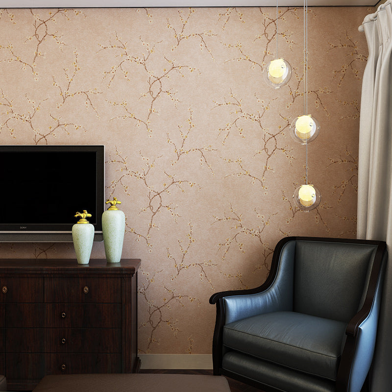 Plum Flower Wallpaper Roll Country Style Non-Woven Cloth Wall Decor in Light Color