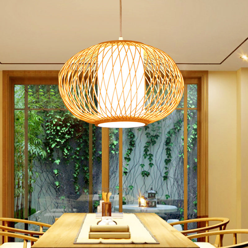 Beige Hand-Knitted Hanging Lighting with Drum Shade Modernism 10"/16" W 1 Bulb Bamboo Ceiling Lamp for Dining Room