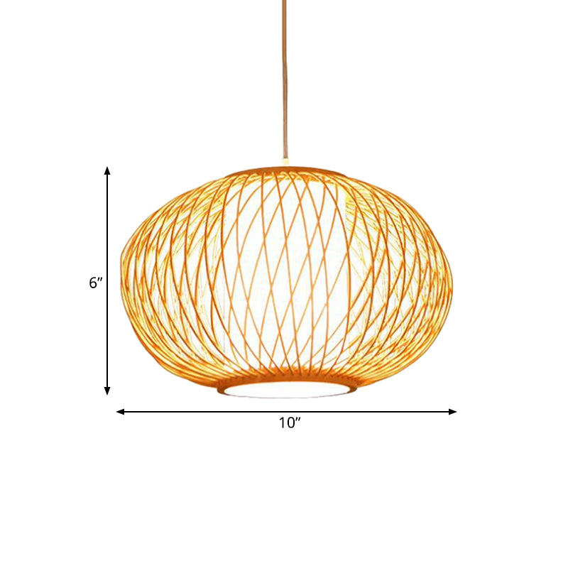 Beige Hand-Knitted Hanging Lighting with Drum Shade Modernism 10"/16" W 1 Bulb Bamboo Ceiling Lamp for Dining Room