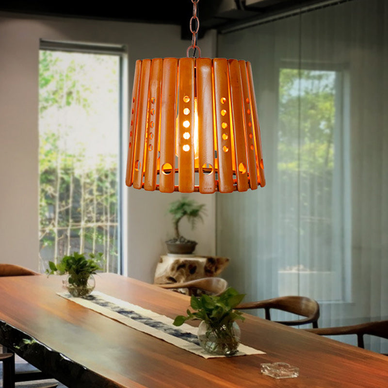 Barrel Pendant Light Fixture Modern Wood 1 Light Dining Room Hanging Light in Brown