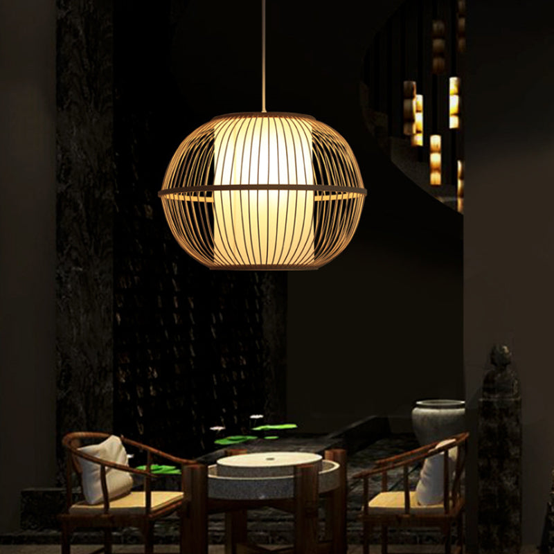 Bamboo Handmade Hanging Light Fixture Asian Style 12"/14" W 1-Light Beige Suspended Lamp with White Cylinder Inner Shade