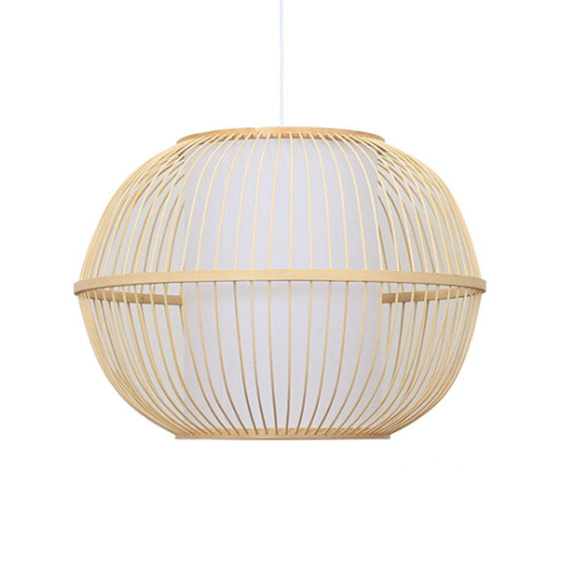 Bamboo Handmade Hanging Light Fixture Asian Style 12"/14" W 1-Light Beige Suspended Lamp with White Cylinder Inner Shade