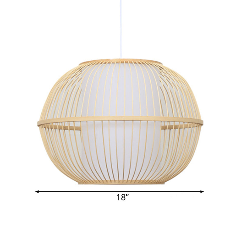 Bamboo Handmade Hanging Light Fixture Asian Style 12"/14" W 1-Light Beige Suspended Lamp with White Cylinder Inner Shade