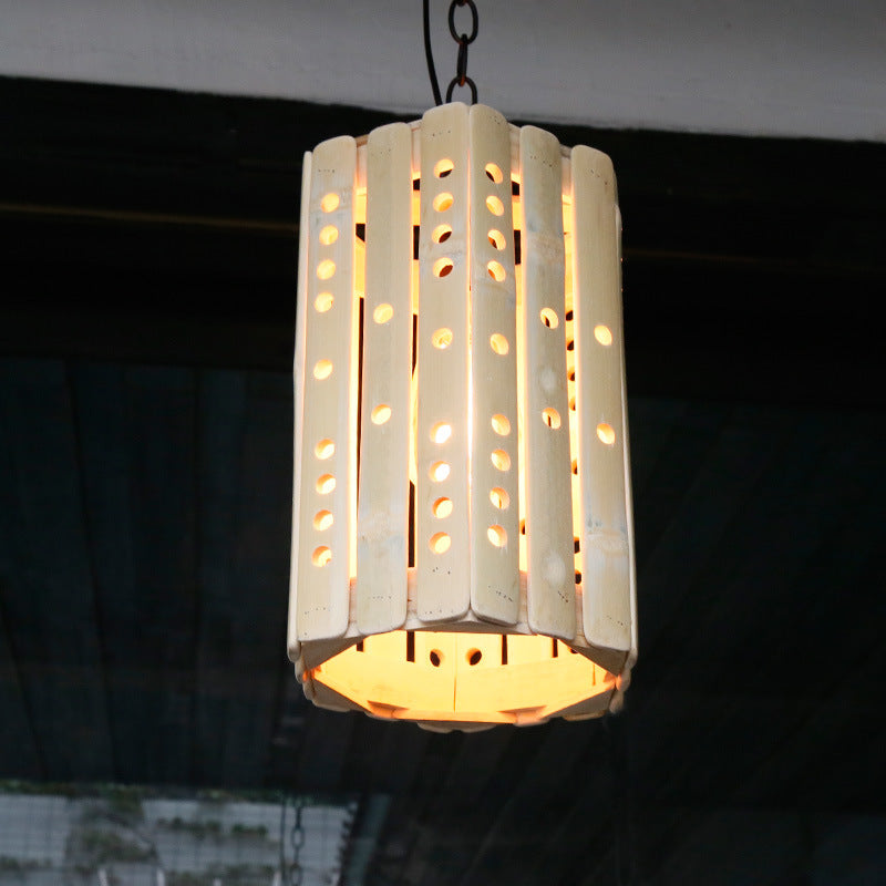 Luz de colgante de suspensión de cilindro Lámpara colgante de porche de bambú de bambú moderno en beige