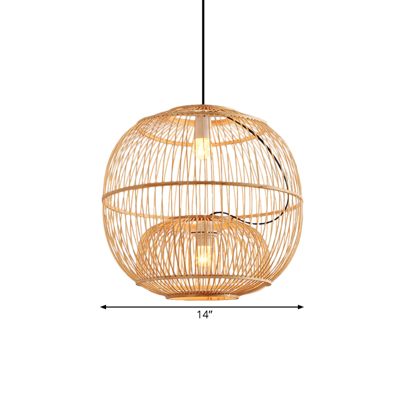 Bambus Global Shade Anhänger Beleuchtung zeitgenössischer Stil 2 Lichter Beige Hanging Lamp für Restaurant, 14 "/16" W.